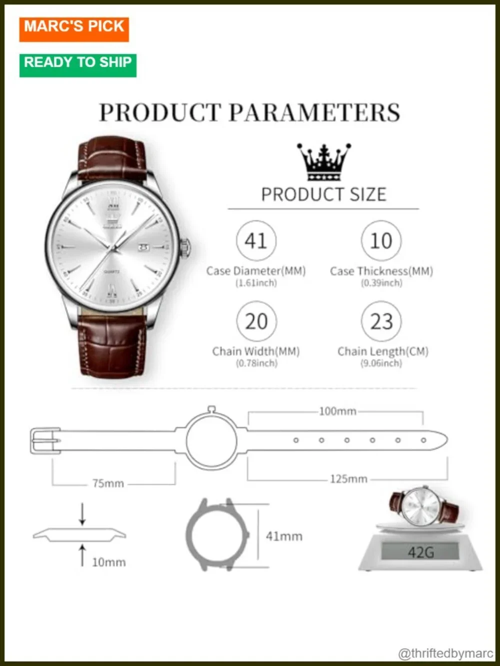 Leather Band Watch for Men, Big Face, Quartz, Date Display, Brown Faux Leather,